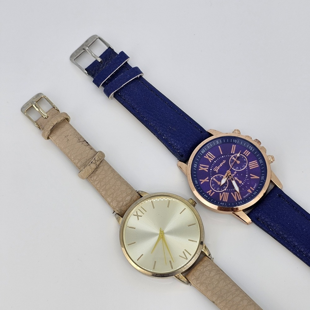 2X 40MM Women's Watch Gold Purple Dial Tan Purple Faux Leather Bands New Battery